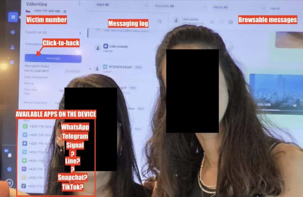 Leaked screenshot showing Paragon Solutions' Graphite spyware control panel accidentally posted to LinkedIn. Inadvertently displayed a dashboard interface containing Interfaces for monitoring encrypted messaging applications including WhatsApp, Telegram and Signal.