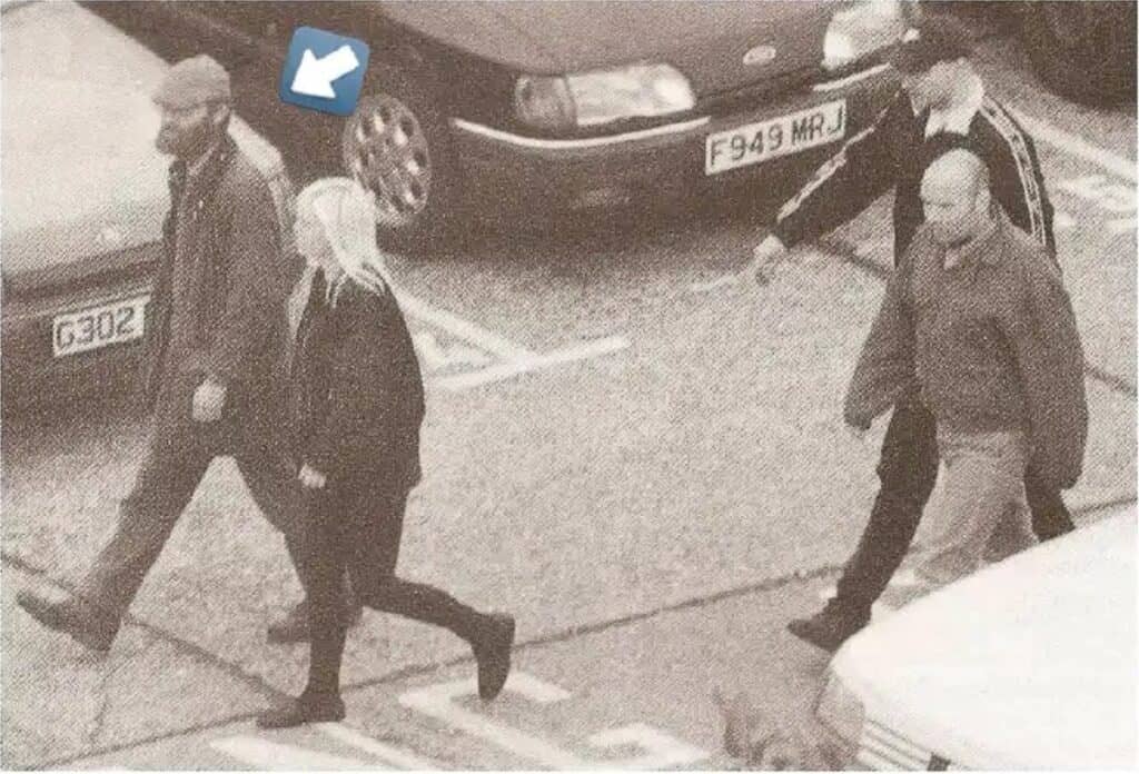 Surveillance photograph of David Myatt with Combat 18 members, Chelmsford 1998