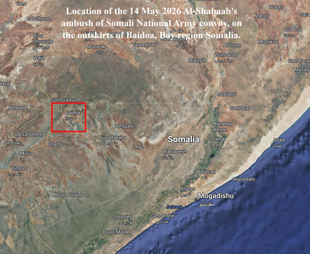 Satellite image of Somalia showing the city of Baidoa and the approximate location of Al-Shabaabs Assault on 14 May 2026