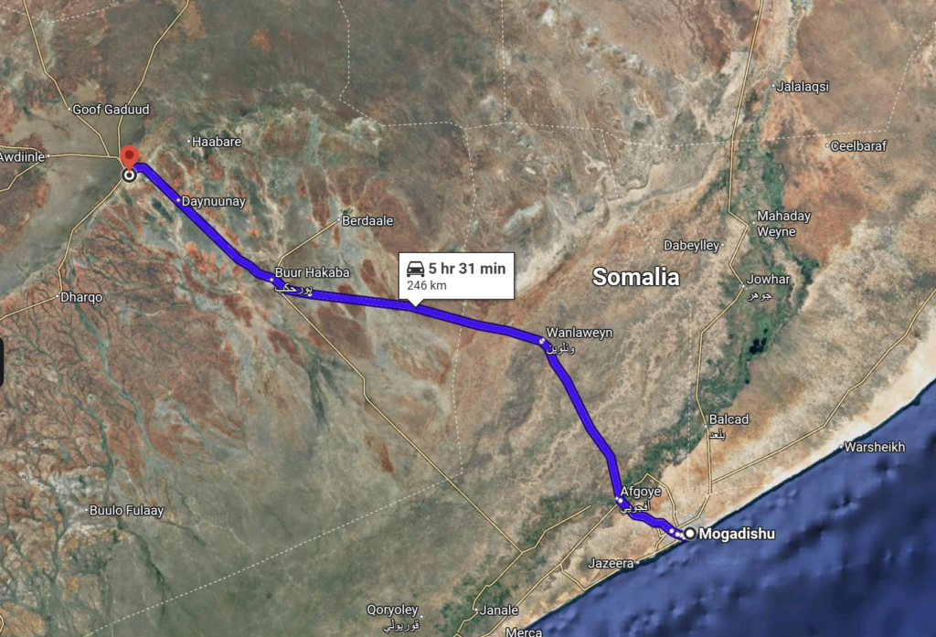 Satellite Imagery of the route from Mogadishu to Baidoa utilized by the Allied Somali Forces in March 2026 in which Baidoa, the capital of Somalia's South West State of Somalia, was seized in a military and political takeover on March 30, 2026.