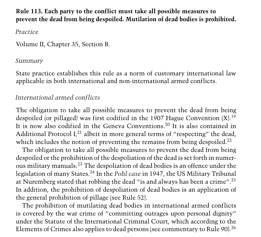 ICRC Customary IHL Rule 113 — Prohibition on Mutilation of the Dead.